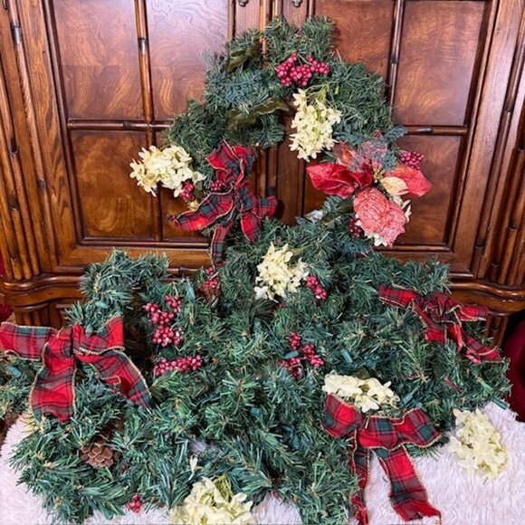 2pc 20" Red Tartan Plaid Bow White Flower Wreath Matching 18ft Pinecone Garland - Picture 9 of 14